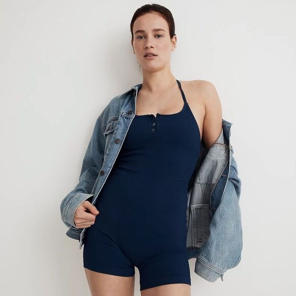 Madewell NWT Seamless Halter Biker Unitard Size Small-Medium in Classic Indigo - Picture 1 of 10